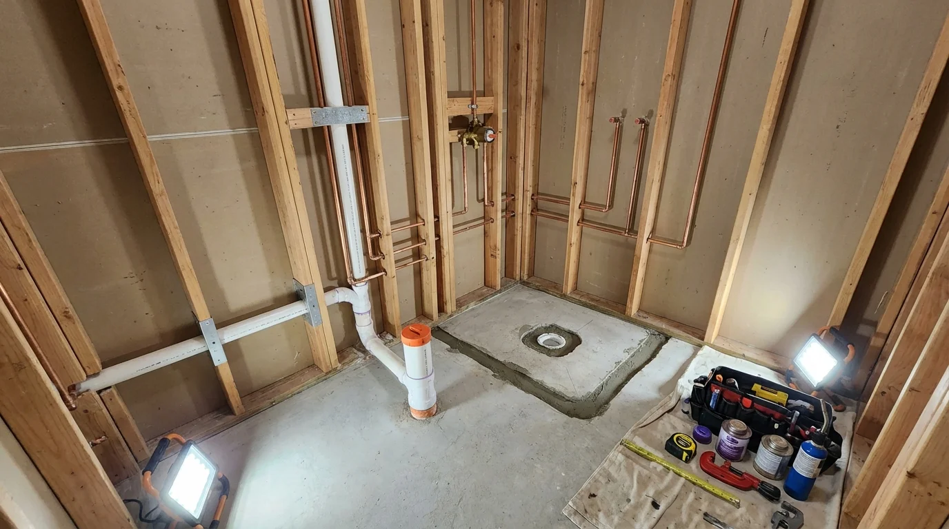 Bathroom rough-in plumbing during remodel by Johns Plumbing LLC in Jersey Shore