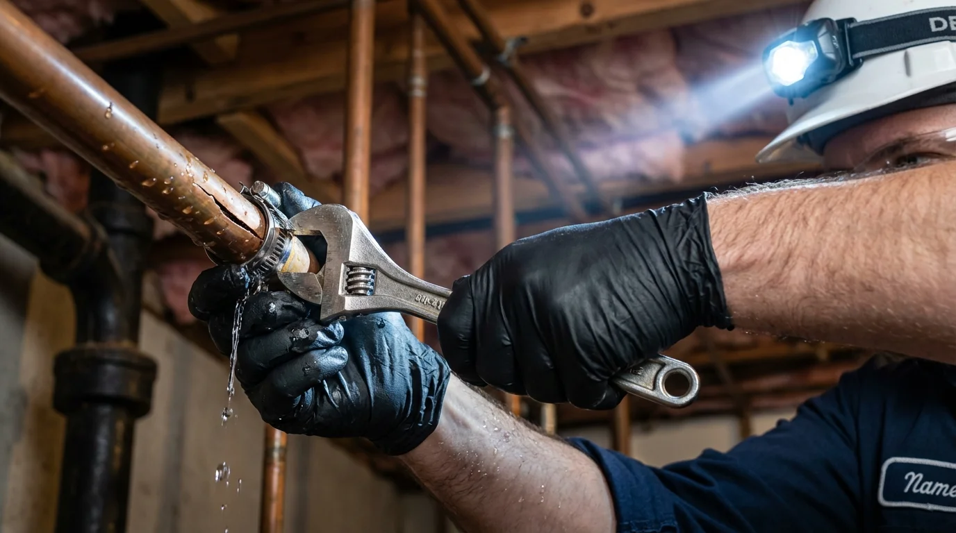 Emergency pipe clamp repair being performed by a Johns Plumbing LLC plumber in Jersey Shore