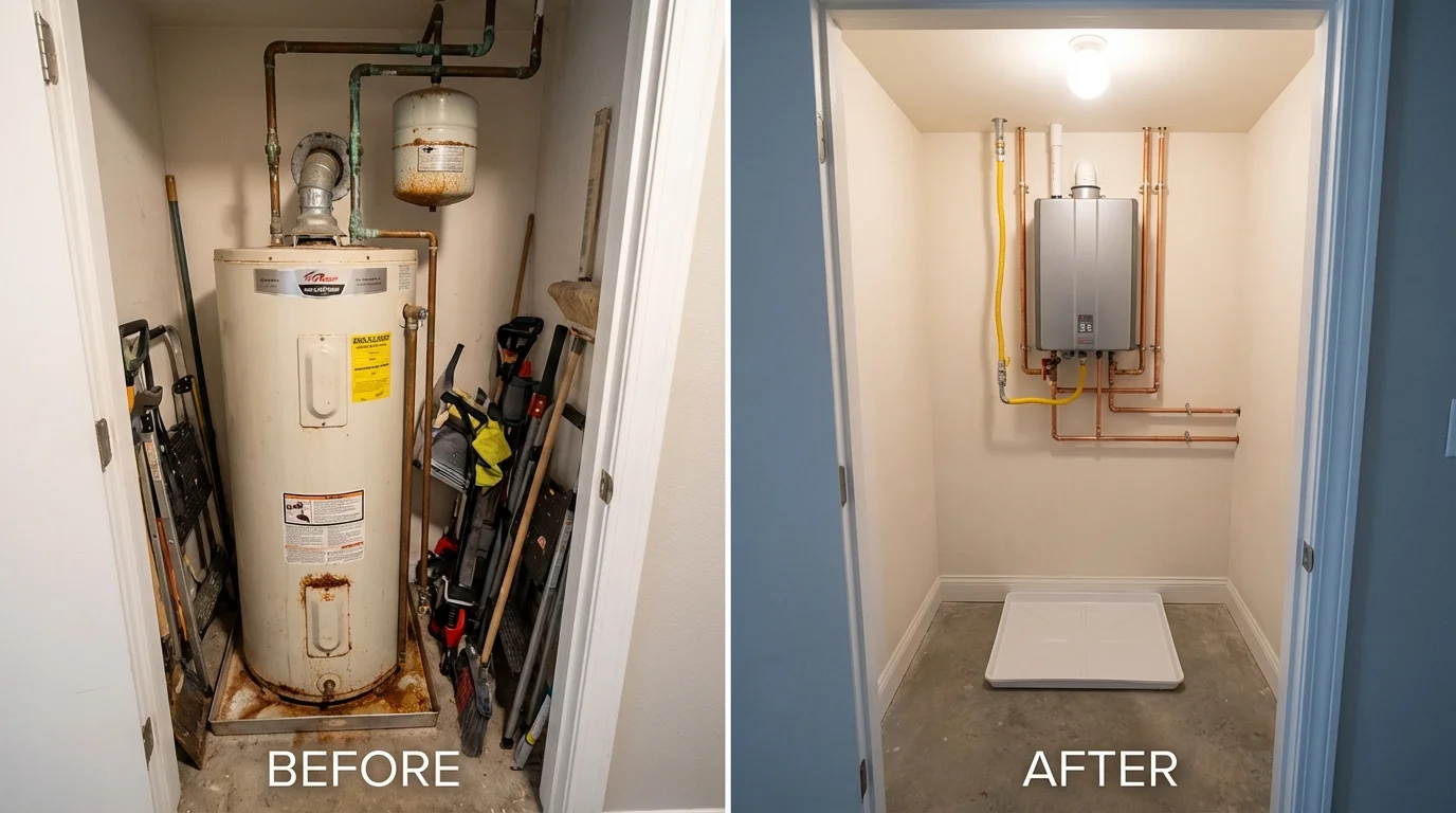Tank water heater versus wall-mounted tankless unit comparison for Jersey Shore, PA homeowners