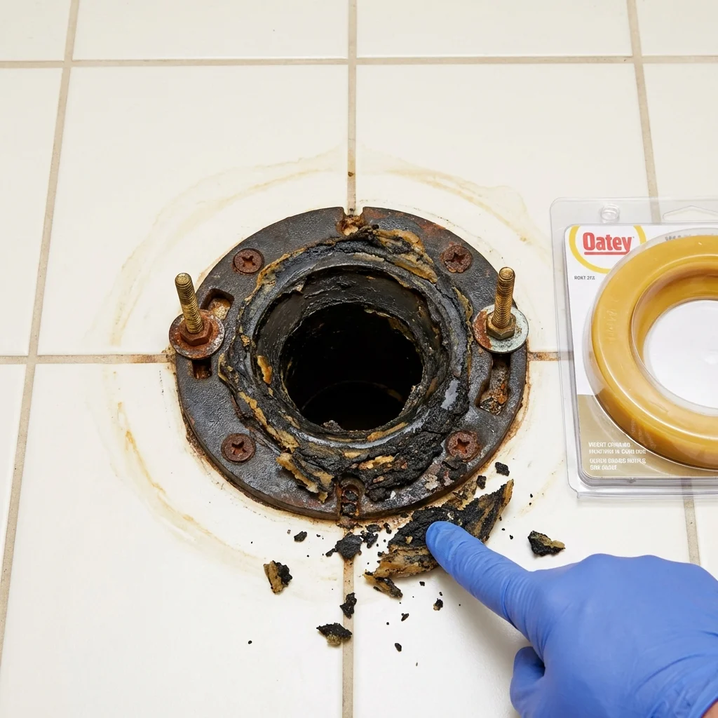 Failed wax ring showing water seepage at the base of a toilet in a Jersey Shore, PA home