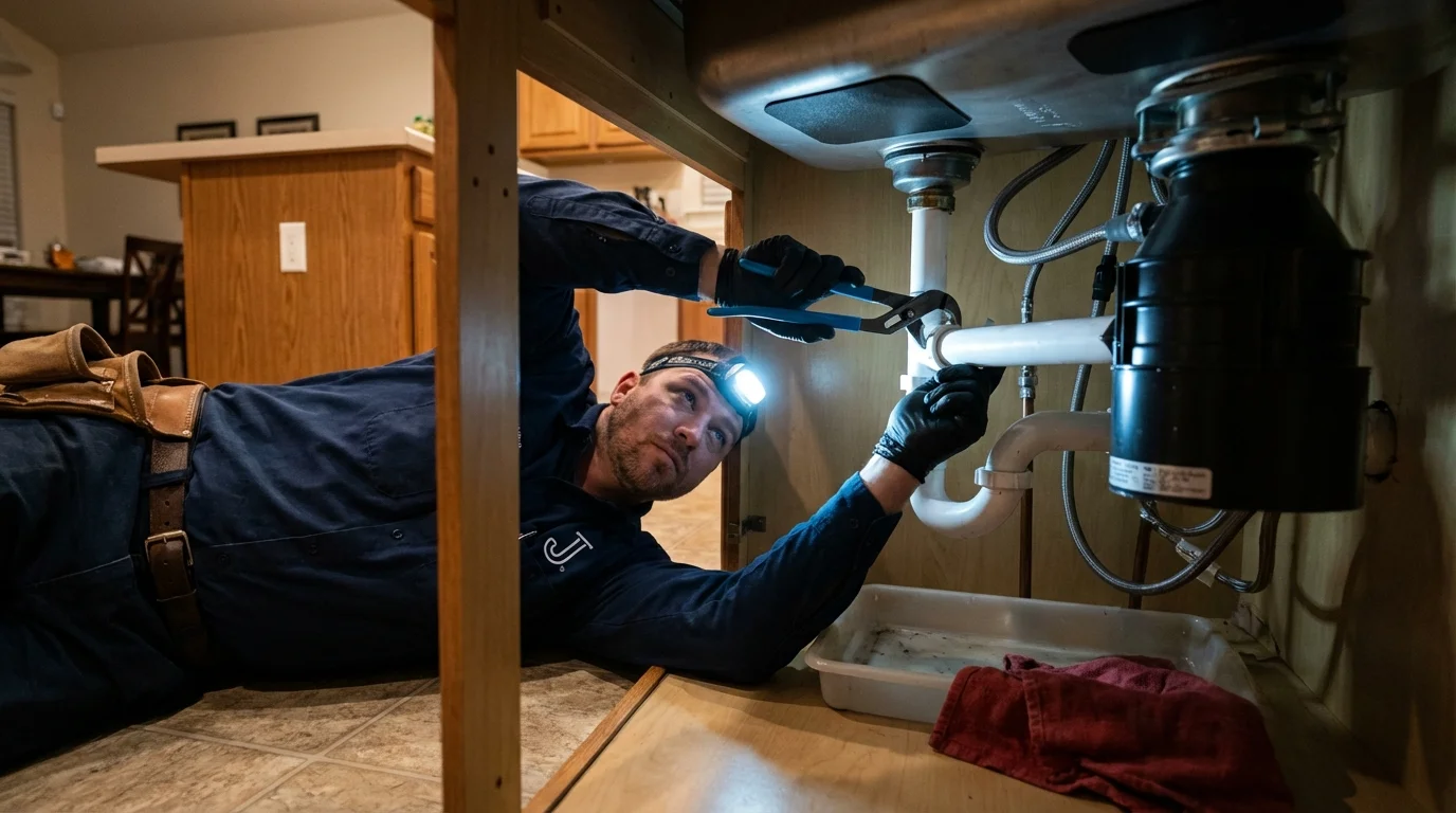 P-trap and supply line connections under a kitchen sink showing a common leak point in Jersey Shore, PA